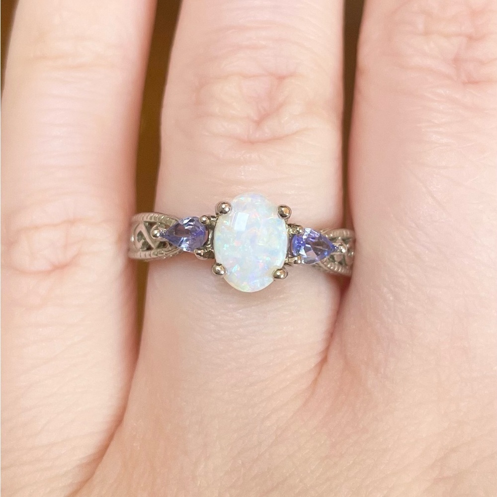 14K Opal Tanzanite filigree white lab oval teardrop purple white gold ri…​ - Picture 2 of 11